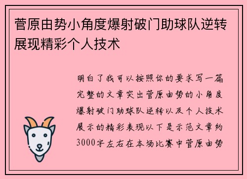 菅原由势小角度爆射破门助球队逆转展现精彩个人技术 菅原由势小角度爆射破门助球队逆转展现精彩个人技术