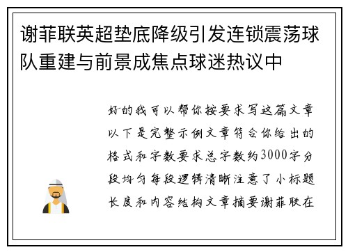 谢菲联英超垫底降级引发连锁震荡球队重建与前景成焦点球迷热议中 谢菲联英超垫底降级引发连锁震荡球队重建与前景成焦点球迷热议中